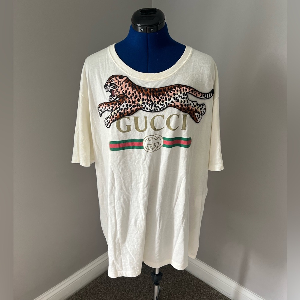 Gucci Web Accent Crew Neck T-Shirt Leopard Motif